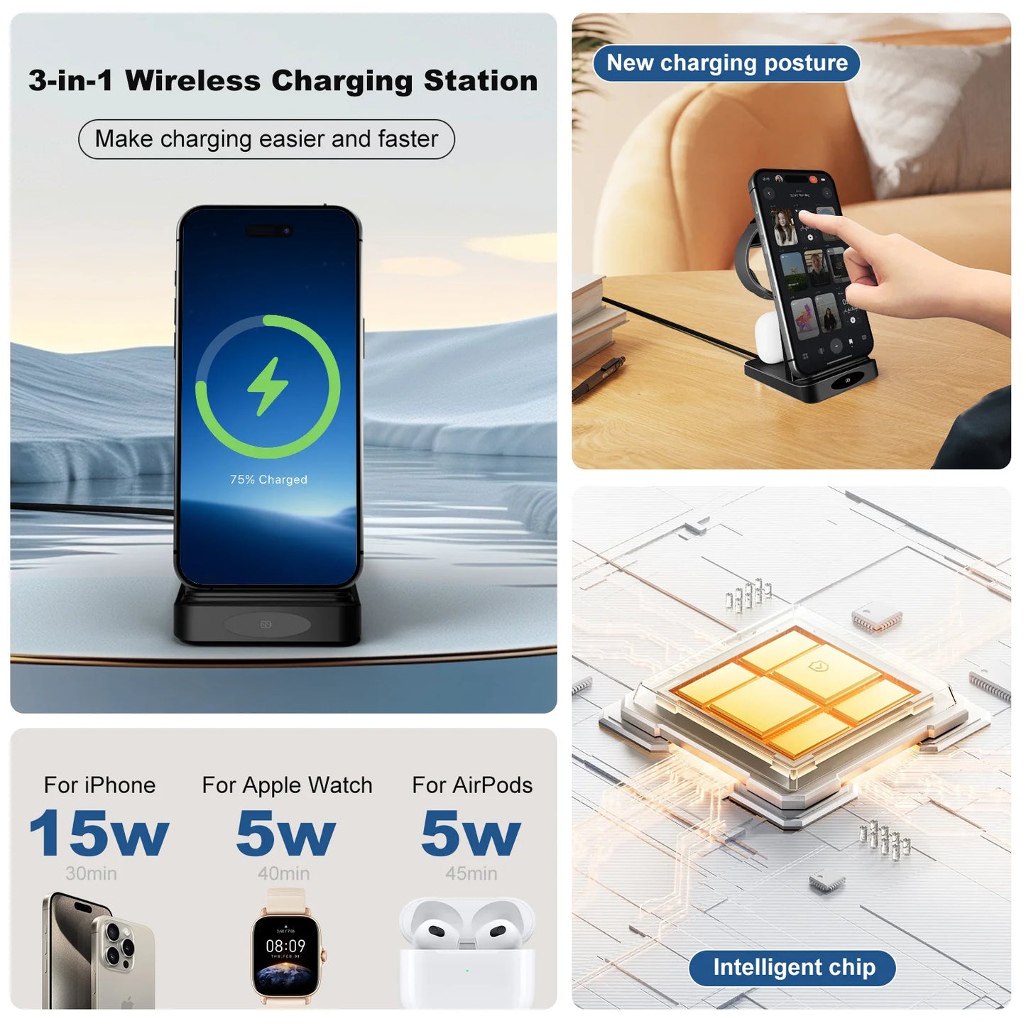 3-in-1 Wireless Charging Station 18W Travel Fast Charger