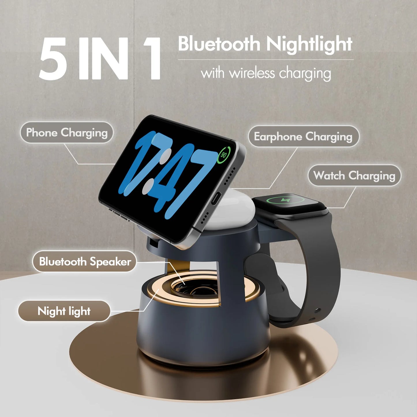 5-in-1 Wireless Charger  | 15W Fast Charging Dock with Bluetooth Light speaker