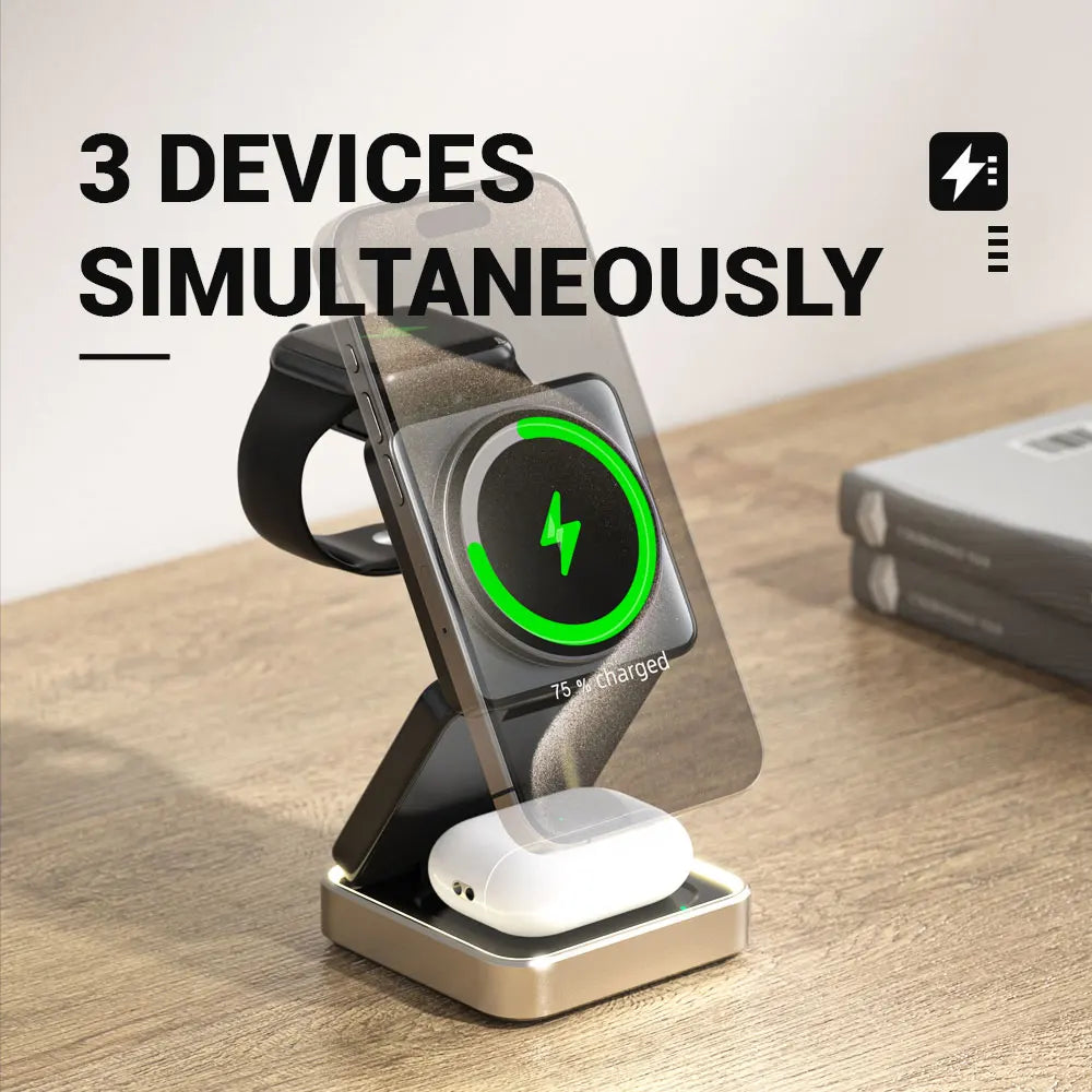3-in-1 Foldable Wireless Charger | 15W Fast Magnetic Charging Station