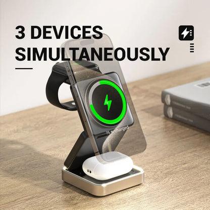 3-in-1 Foldable Wireless Charger | 15W Fast Magnetic Charging Station