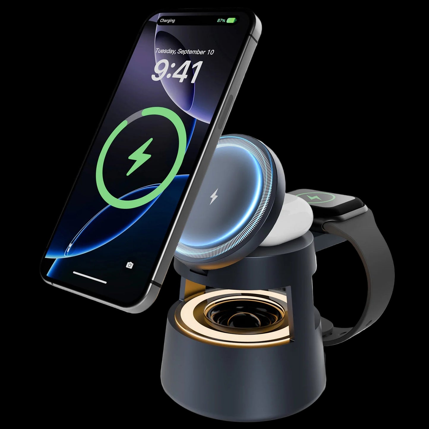 5-in-1 Wireless Charger  | 15W Fast Charging Dock with Bluetooth Light speaker
