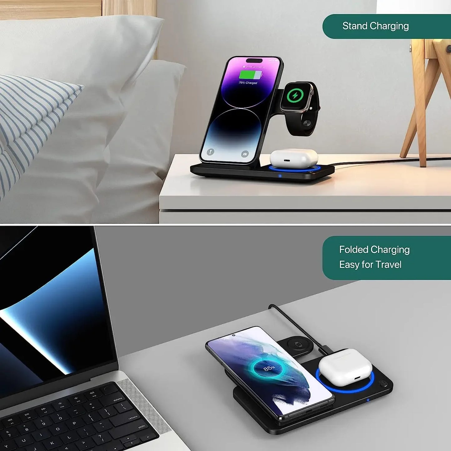 30W 3-in-1 LED Wireless Charger | Foldable Fast Charging Stand
