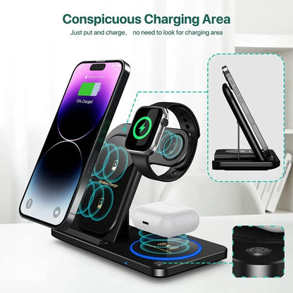 30W 3-in-1 LED Wireless Charger | Foldable Fast Charging Stand
