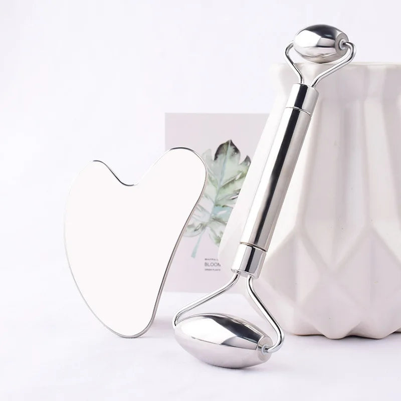 Stainless Steel Facial Roller Gua Sha Set Face Care Lifting Massage Tools