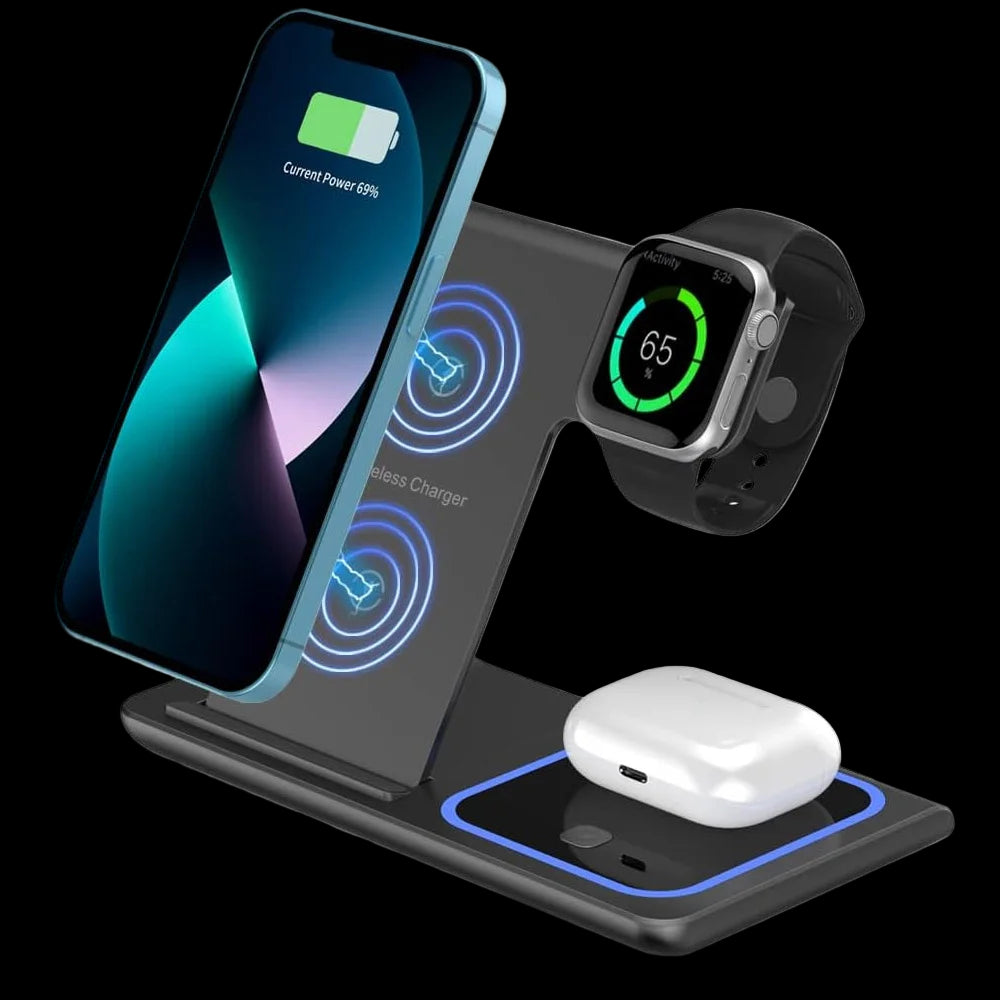 15W fast charging 3-in-1 foldable wireless charger bracket
